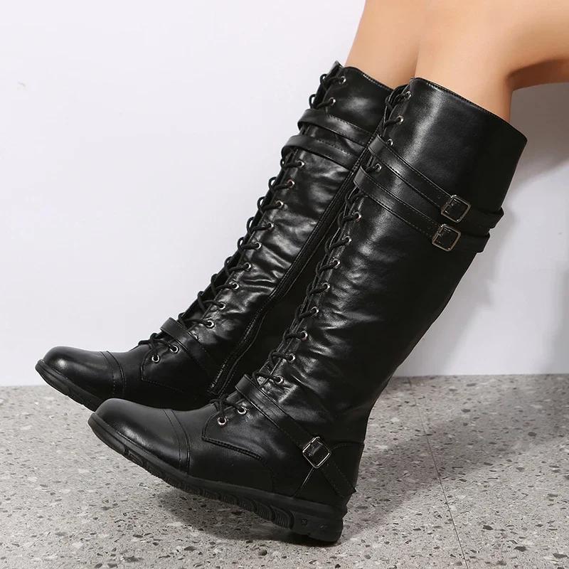 Fashion Luxury Winter Boots for Women Combat Cowboy Knee High Long Leather Platform Shoes Black Gothic New Rock Punk Solid Women's Boots