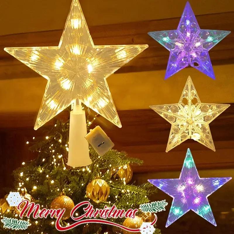 15cm Christmas Glowing Tree Topper Five-pointed Star Transparent LED Shining Lamp Xmas Colorful TopStar Ornaments Navidad Decora