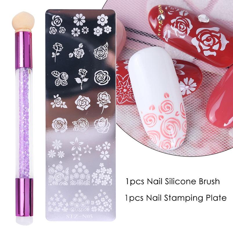 Nail Stamping Plates Set Silicone Sponge Brush Polish Transfer Stencils Flower Butterfly Geometry Template Nail Tool