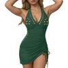 Women's New Sleeveless Deep V-Neck Fashion Hollow Printed Halter Neck Strap Split Swimsuit