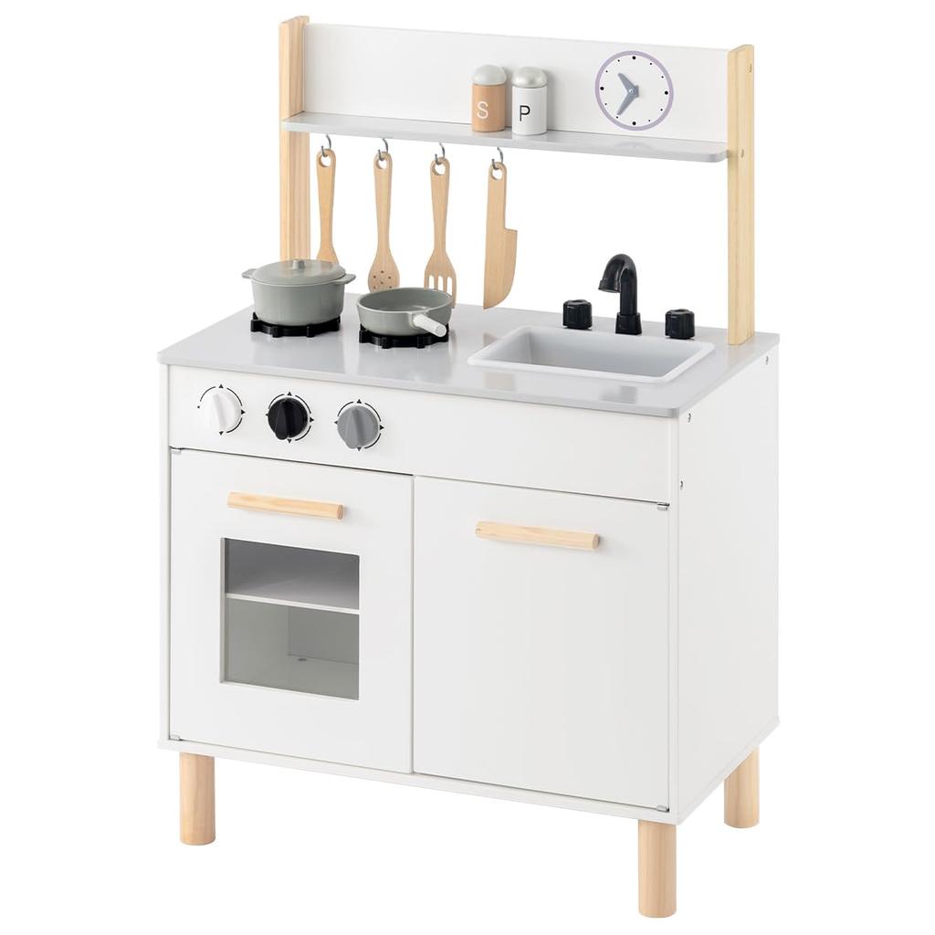 Bon Furniture Wooden Pretend Play Kitchen with Educational Mini Pretend Play Gift for White and Gray Utensils, 8-Piece Set, Toy, Kitchen, Toy, Kids,