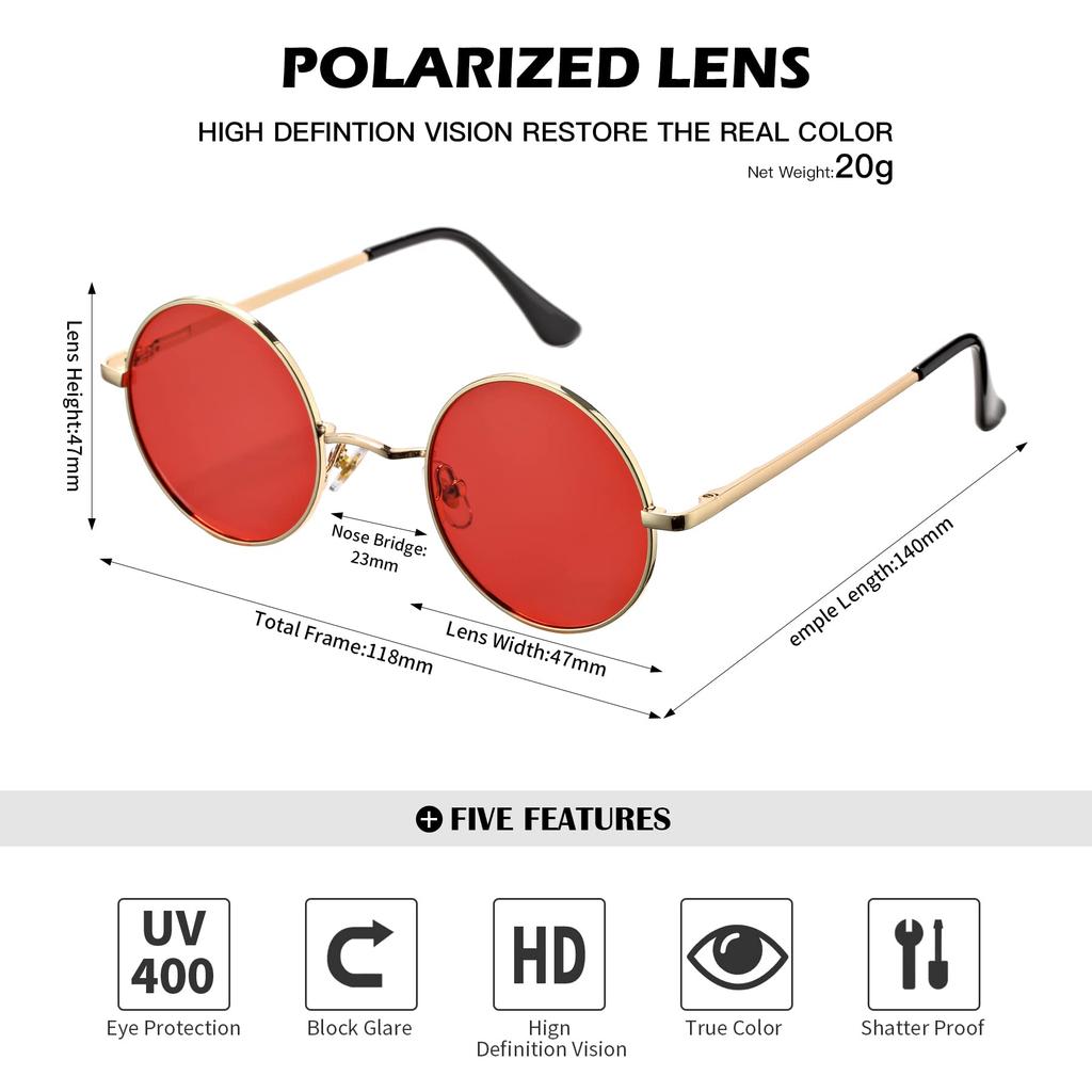 Pro Acme Small Round Polarized Sunglasses for Men and Circle Retro Metal Hippie UV400 D4 Gold Red Size S Women, Shades, Sunglasses, Protection, -