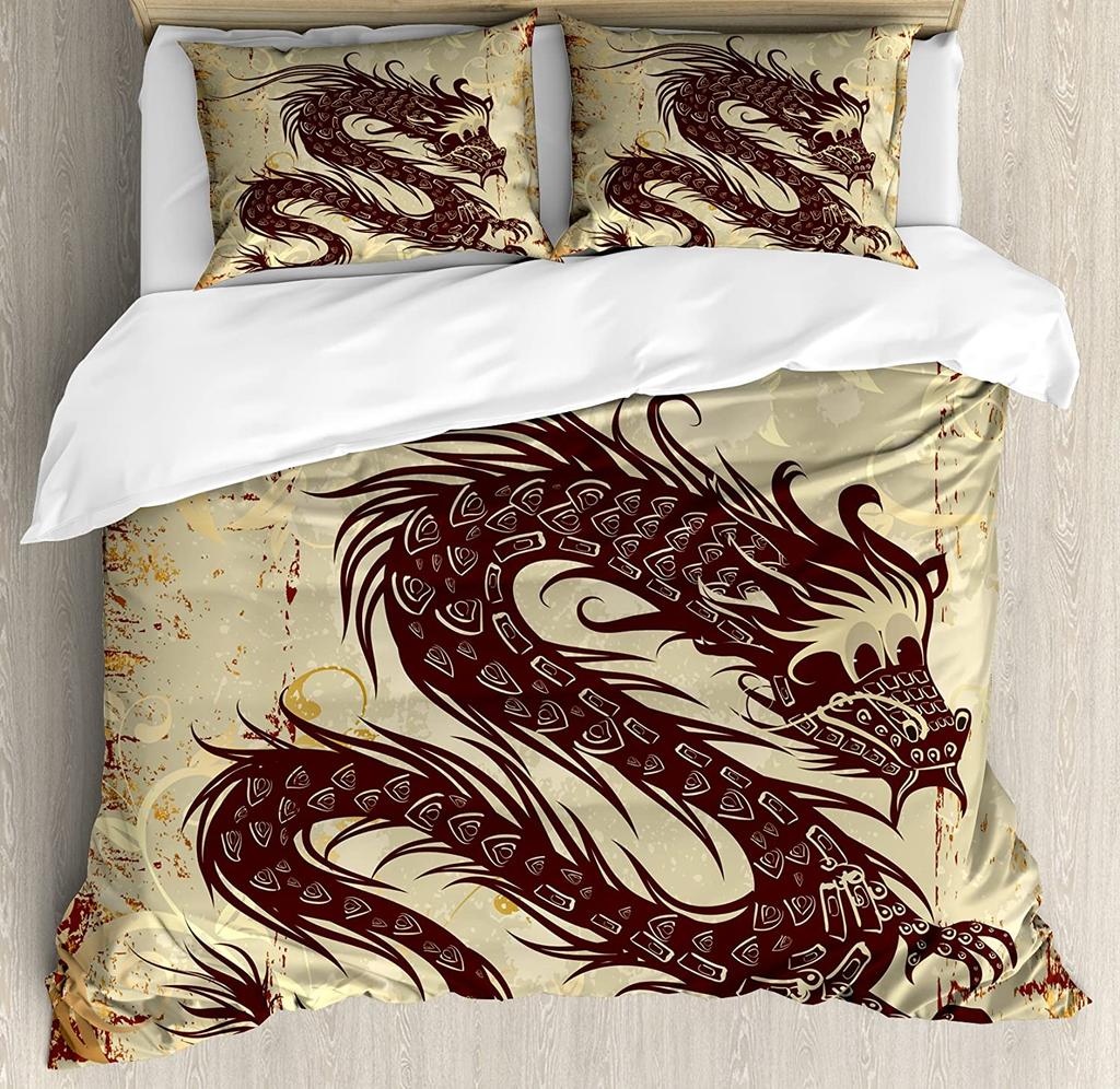 Japanese Dragon Bedding Set For Bedroom Bed Home Tribal Tattoo Style Asian Indigenous Cre Duvet Cover Quilt Cover And Pillowcase
