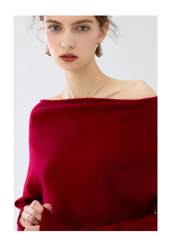 Lekasha Women's Cashmere Boat Neck One-Shoulder Pullover Sweater