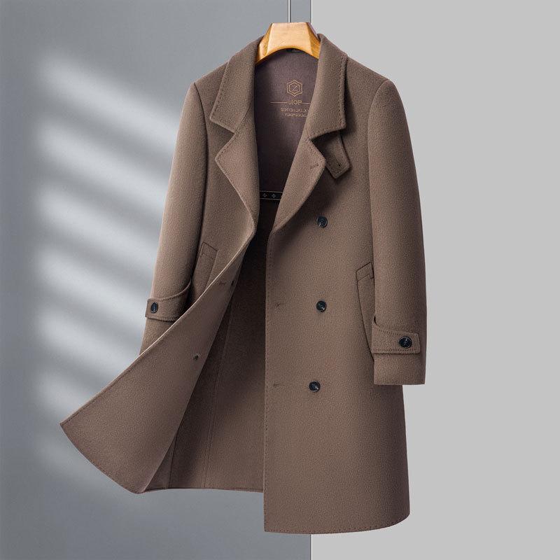 High-end Men's Woolen Coat Double-breasted Fashionable Woolen Windbreaker Long Middle-aged Casual Suit Jacket for Men