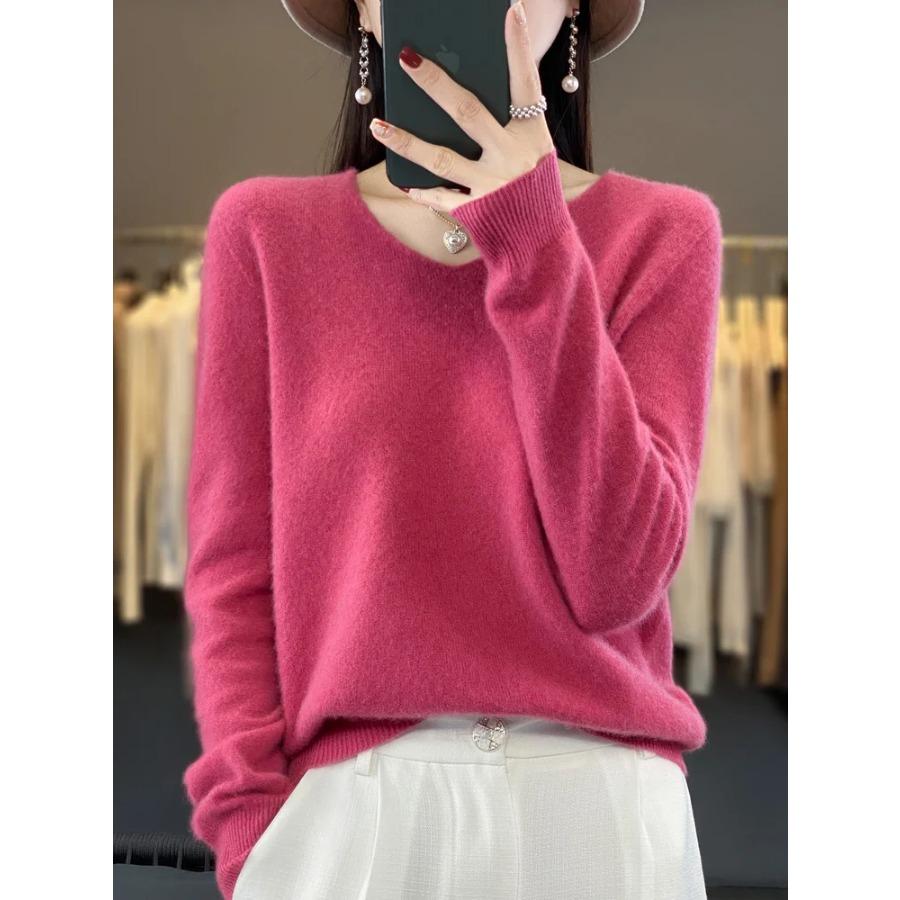 

Шикарный женский свитер с V-образным вырезом и рукавами, вязаный из мериносовой шерсти, мягкий, теплый, кашемировый, свободного кроя, изящный стиль для осени XXL