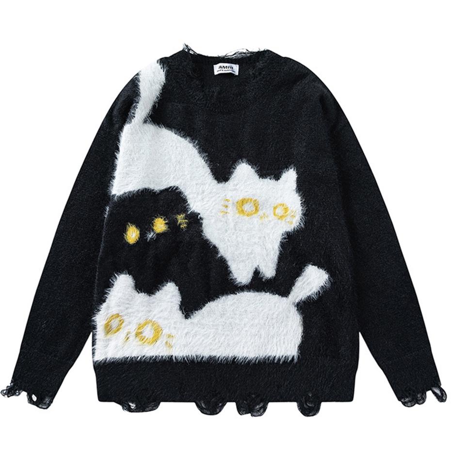 

2KWEIRD Funny Cat Sweaters Harajuku Oversized Hip Hop Sweater Pullover Knitted Jumper Y2K Vintage Streetwear Sweaters Unisex XXL чёрный