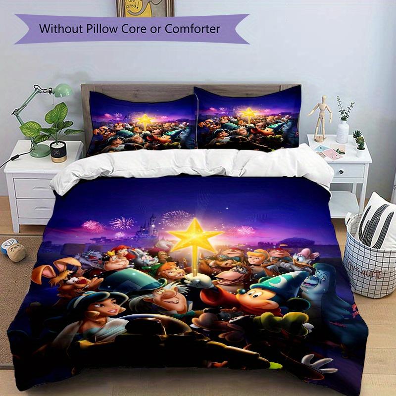 3pcs Disney Classic Characters Fireworks Night Theme Bedding Set, Including 1 Quilt Cover and 2 Pillow Shams, Without Filling, Soft and Comfortable