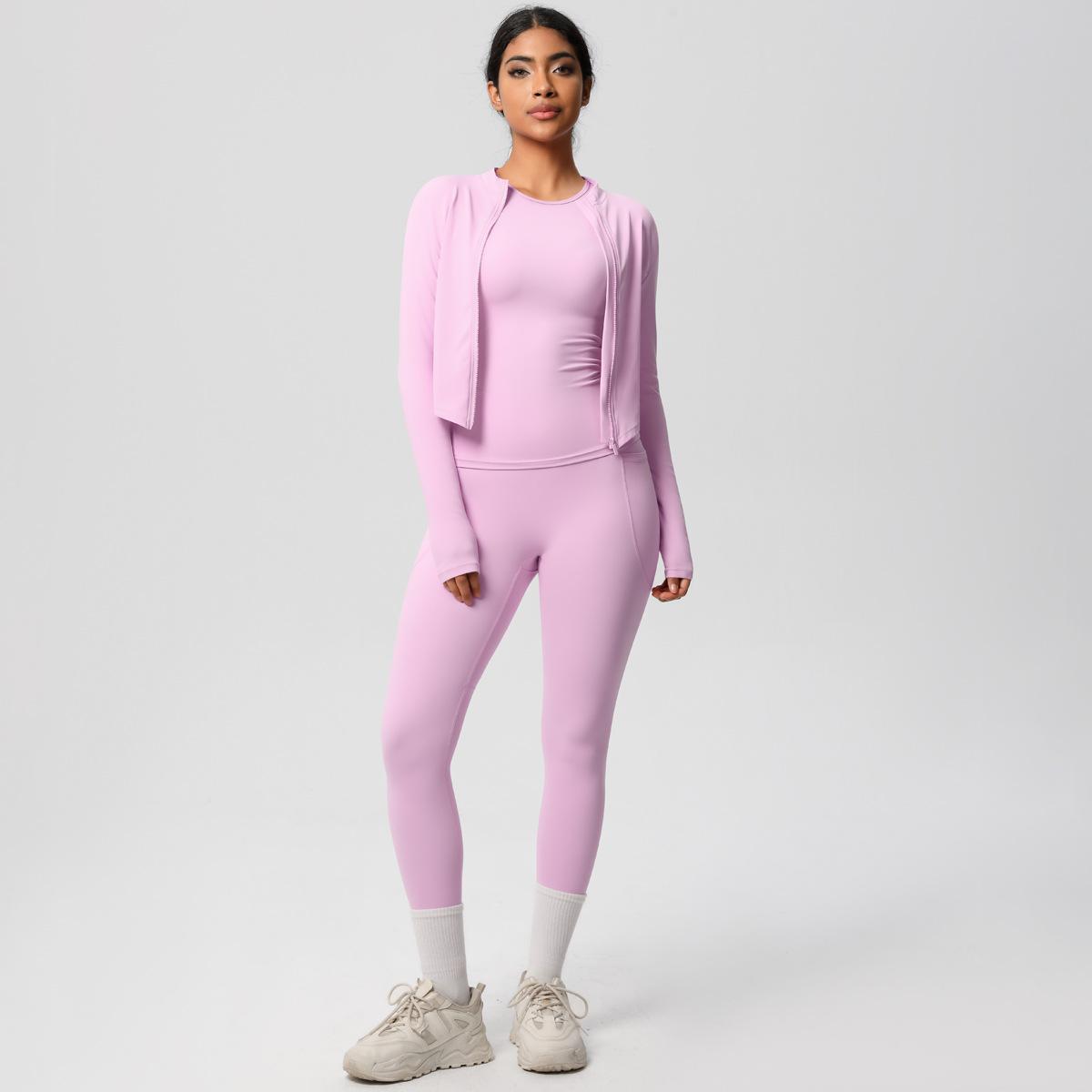 

Solid Color New Outdoor Casual Quick Drying Yoga Suit, Tight Fitting Hip Lifting Pocket Shorts, Fitness Nude Three Piece Set XL