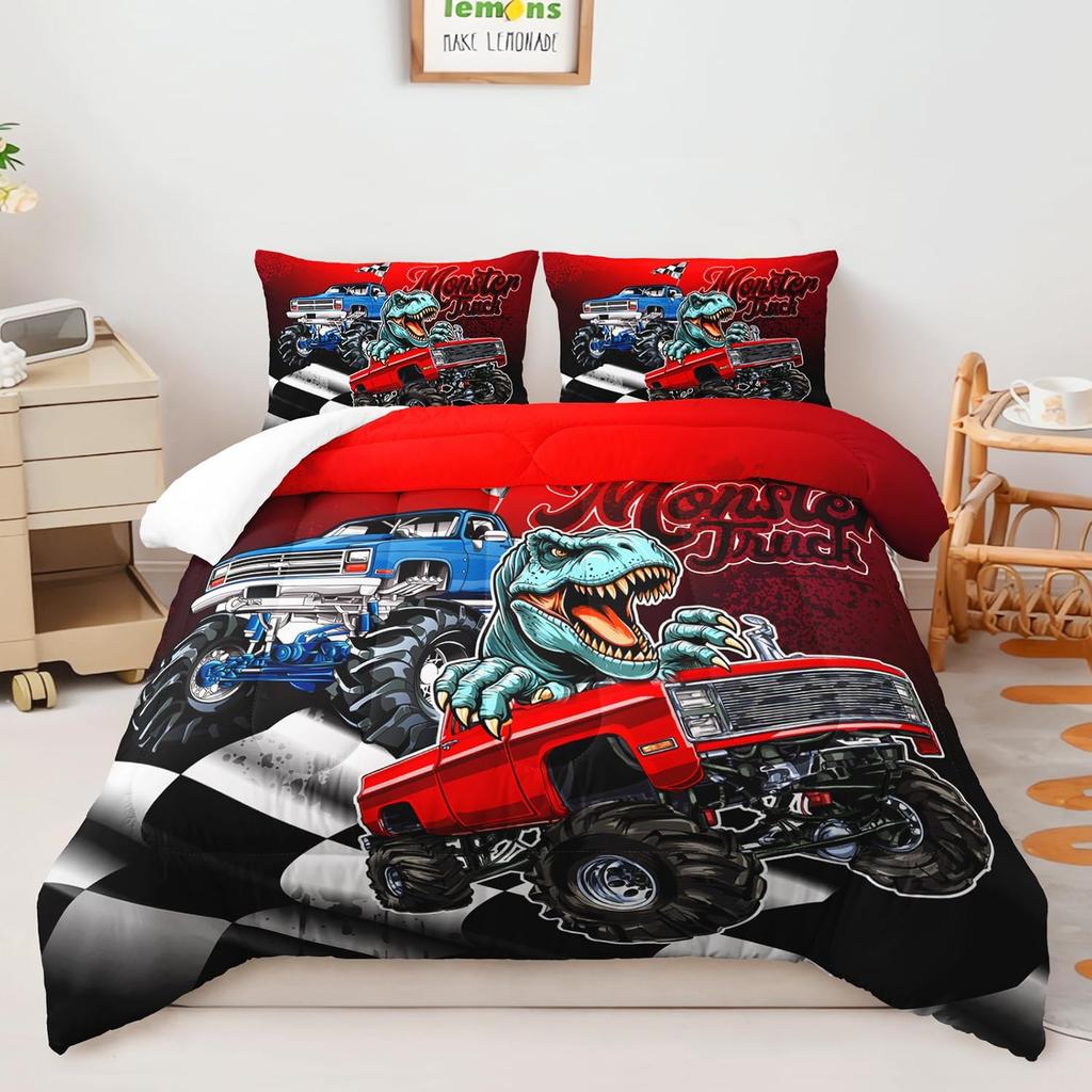 Dinosaurier Monster Truck Bettbezug, Monster Trucks 3D Cartoon Bettdeckenbezug, Comic-Stil Doppelbettwäsche-Set mit Kissenbezügen