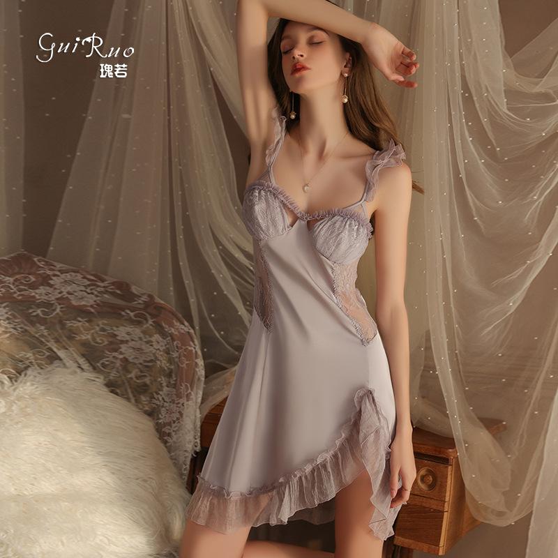 Women's Solid Satin Mesh Ruffle Padded Sheer Backless Slit Sleep Dress Lounge Set