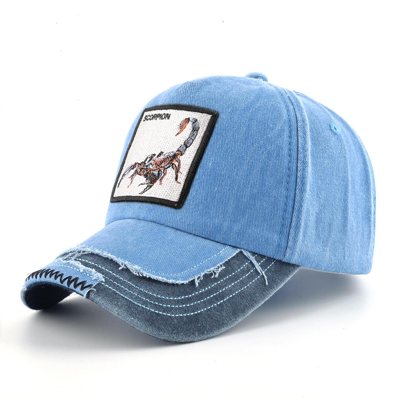 Kissbaobei Vintage Denim Baseballpet met Geborduurde Dieren Patch Heren Snapback Hip Hop Papa Hoeden Vrouwen Vier Seizoenen Verstelbare Vizierpet 56-59cm