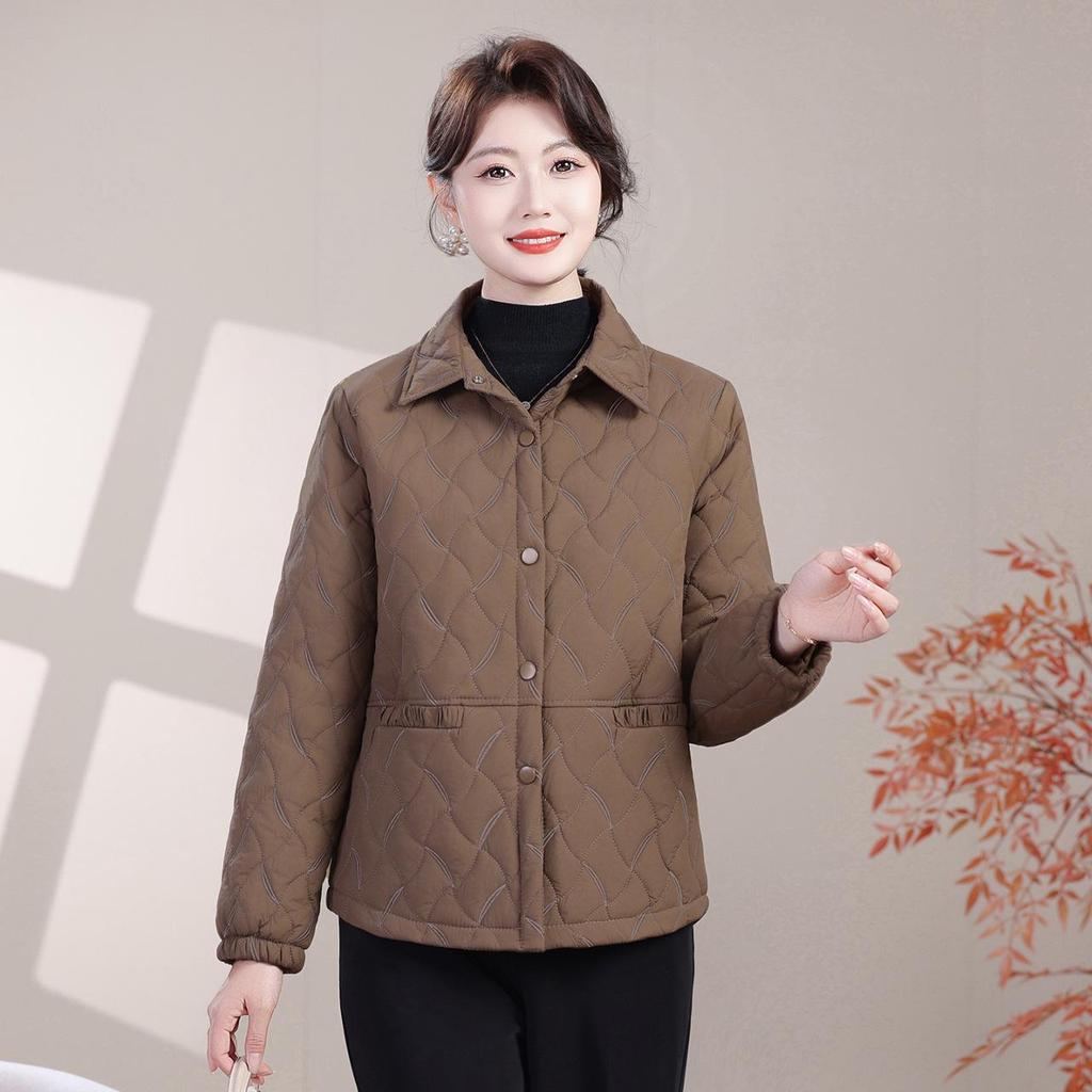 Lightweight Autumn/Winter Cotton Jacket for Middle-Aged & Elderly Women - Solid Color Casual Outerwear with Lapel