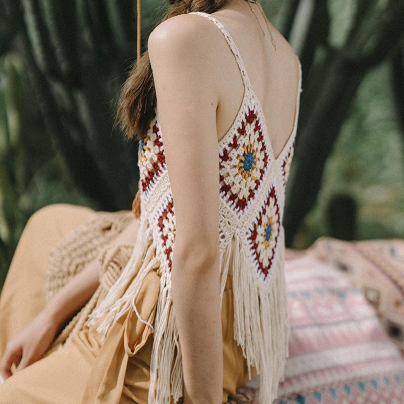 Summer Women's Camisole Ethnic Style Halter Pure Handmade Crochet Top Halter Bohemian Tassel Travel Holiday Vest