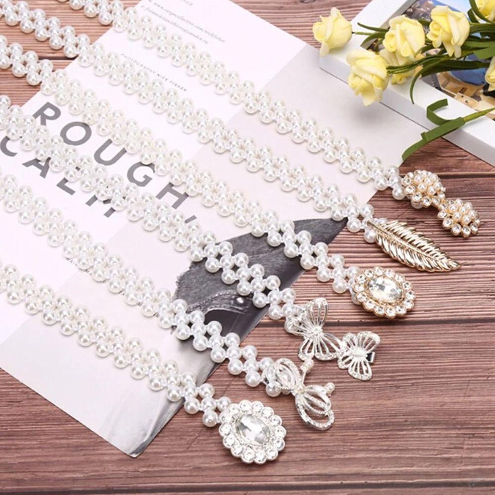 Thin Narrow Style Pearl Waist Chain Pearl Beads Rhinestone Decor Strap Dress Matching Decor