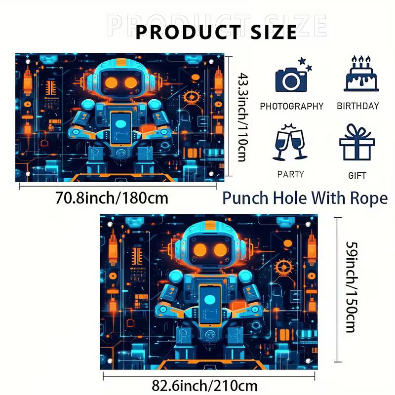 Cartoon Robot Tech Backdrop, Kids STEM & Robotics Photography Background