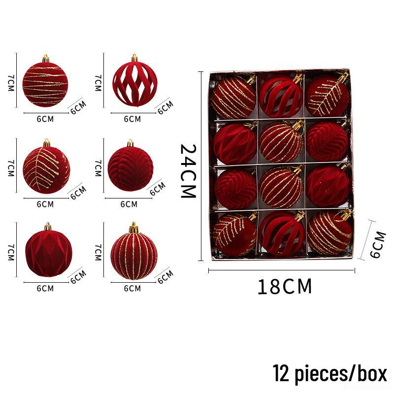 Roter Beflockter Bordeauxroter Samt Weihnachtsbaumkugel-Schmuck, 12er-Pack (6cm)