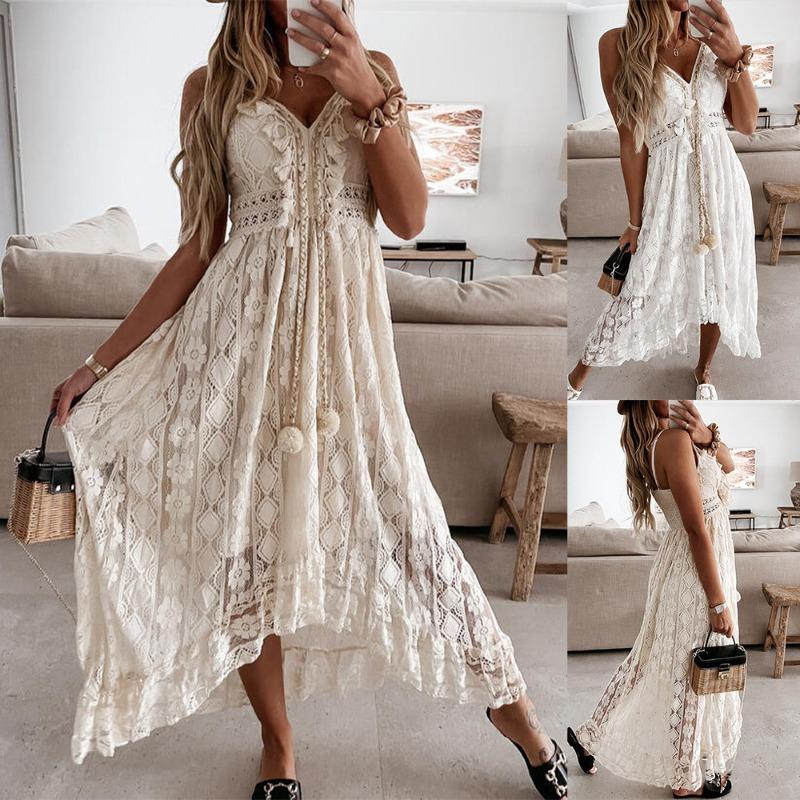 Summer Women's Fashion Temperament V-neck White Lace Irregular Maxi Dress