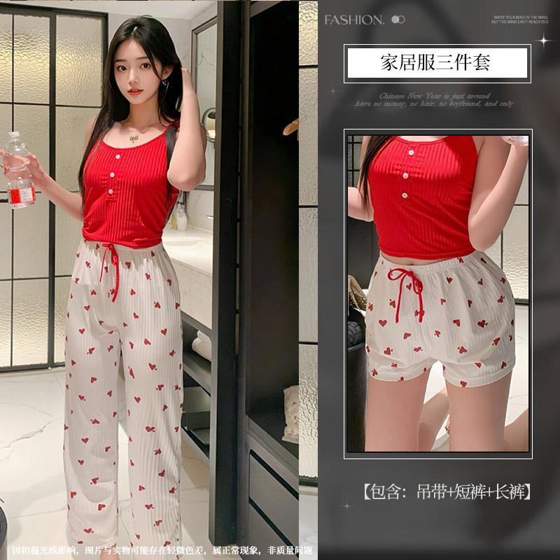 

Women s love pajamas spring and summer sweet and cute three-piece set high-end suspender shorts set sexy clothing s【 40-52.5kg 】 красный