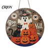 Halloween Wooden Hanging Sign Boo Wood Door Hanger with Cute Ghost Black Hat Pumpkin Print, Front Cat Wall Decor Porch Decor, Round Plaque for Indoor