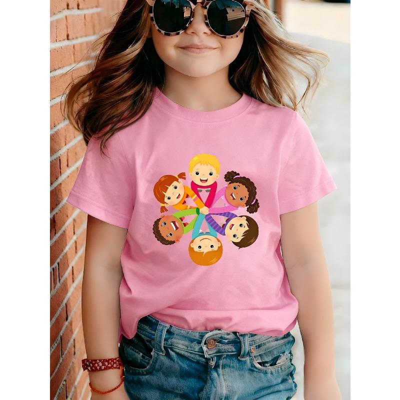 Girls Harmony Day Theme Print Crewneck Casual Short Sleeve Tee