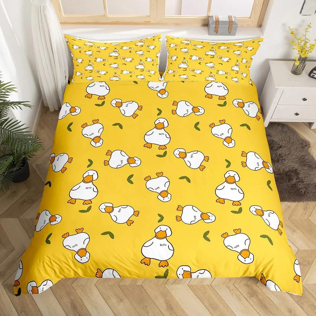 Carton Yelow Duck King Quen Soft Duvet Cover Farm Lovely Animal Beding Set Blue Buble Comfortable Quilt Cover Soft Polyester Warm Comforter Cover