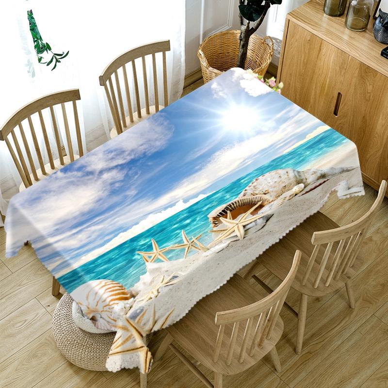 Thicken Cotton Tablecloth Big Conch Starfish On The Beach Pattern Rectangular Round Table Cloth For Wedding Picnic Party