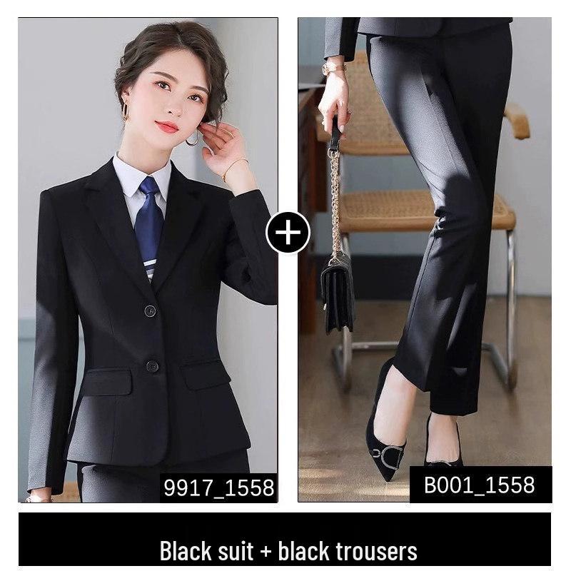 Formelles Schwarzes Anzugset für Damen für Frühling und Herbst - Professionelle Arbeitskleidung mit Jacke für Hotelrezeptionisten