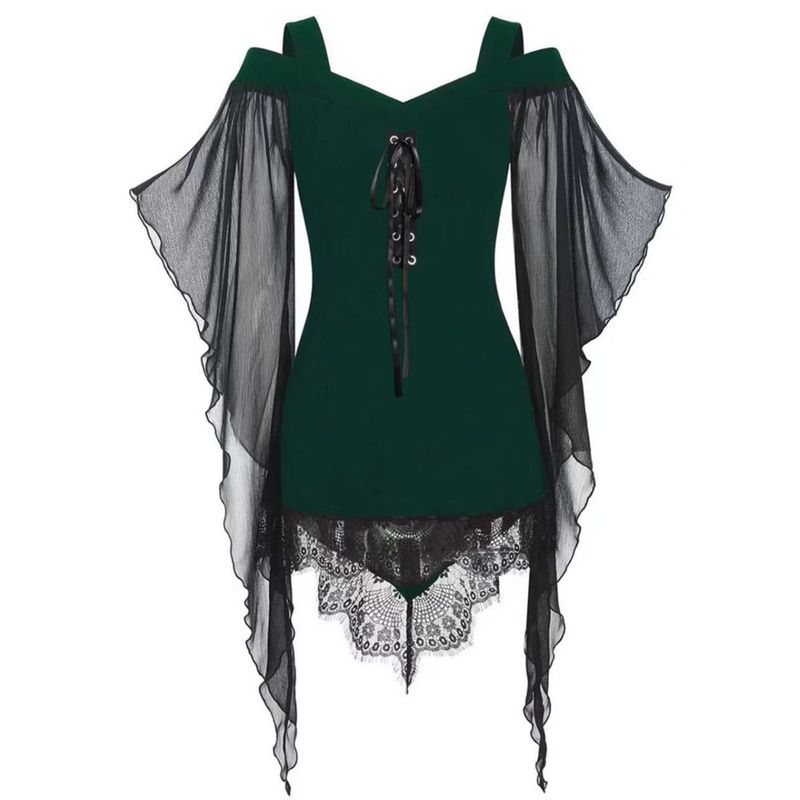 Autumn New Women Clothes Gothic Big Hemline Sleeve Irregular Patchwork Lace Witch Sling Lace Up Dress
