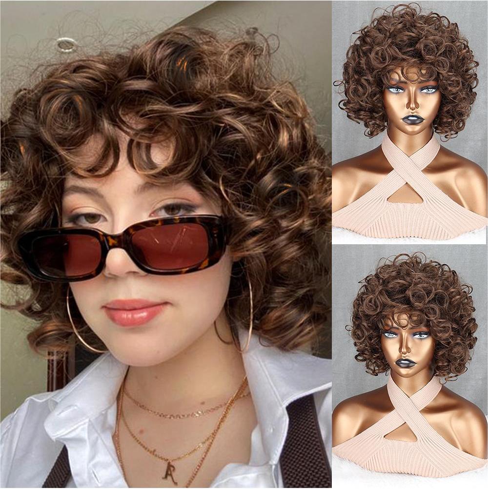 MISS WIG Brown Mixed Gold Short Curly Wig African Curls Women Large Roll Wig Daily Cosplay Synthetic High Temperature Fiber Wig