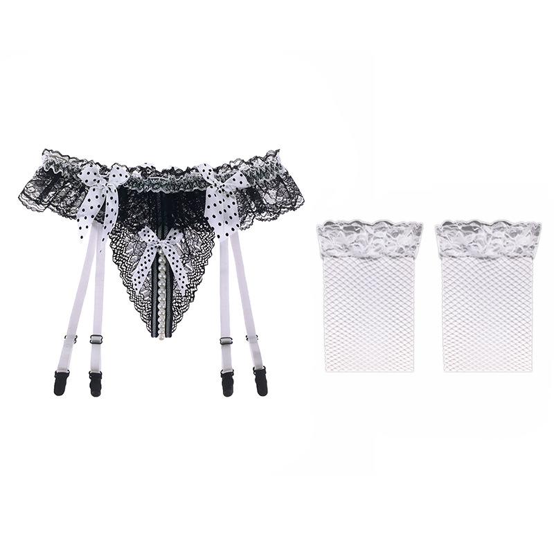Sexy Perspective Lace Garter Belt Women's Ultra-thin Stockings Set, Fun Open Crotch Pearl Massage Garter Socks with T-pants