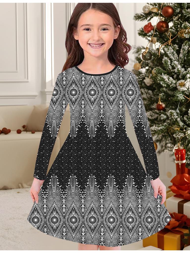 Girls' Autumn and Winter Fashion Dress, 3D Vintage Pattern Print  Round Neck Long Children's T-shirt Dress, Casual Versatile, Christmas Clothing