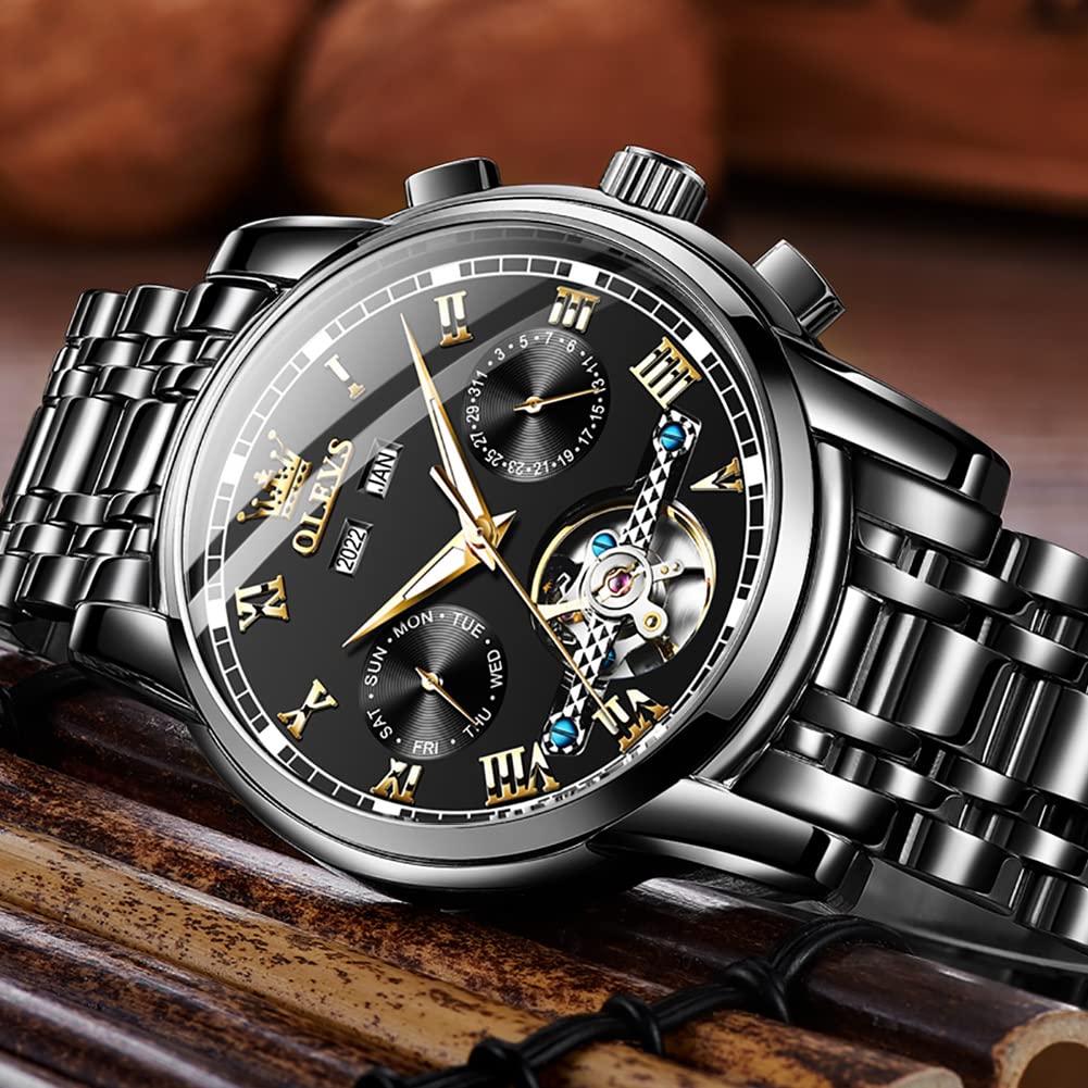 OLEVS Mechanical Automatic Moon Phase Watch Stylish Skeleton Waterproof Popular Luminous Watch for Men