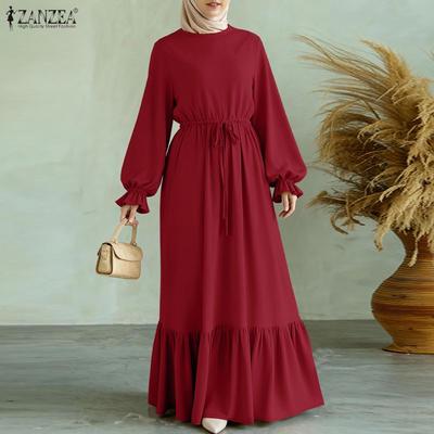 Damen Lässig Rundhals Locker Langarm Muslimisches Langes Kleid