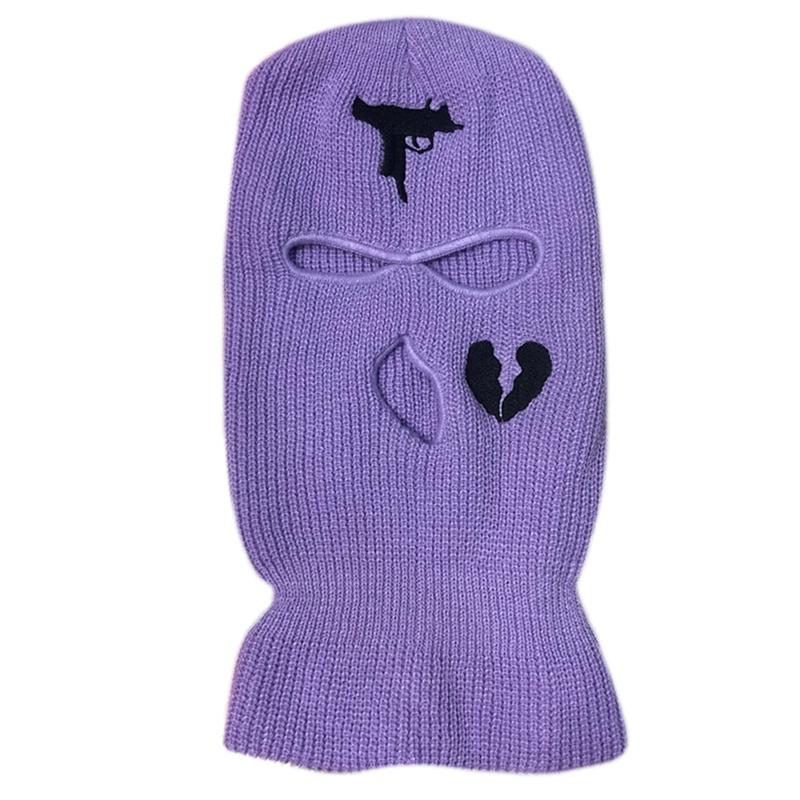 3-Hole Solid Color Embroidered Balaclava Knit Hat Face Mask Neck Gaiter Windproof Warm for Spring Fall Winter Daily Wear