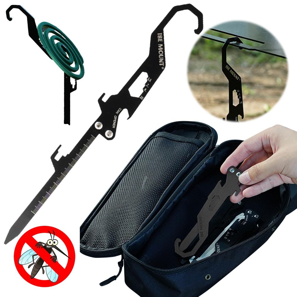 Folding Tent Stakes Multifunctional Stainless Steel Hook Mosquito Coil Bracket Bottle Opener Measuring Ruler for Outdoor Camping