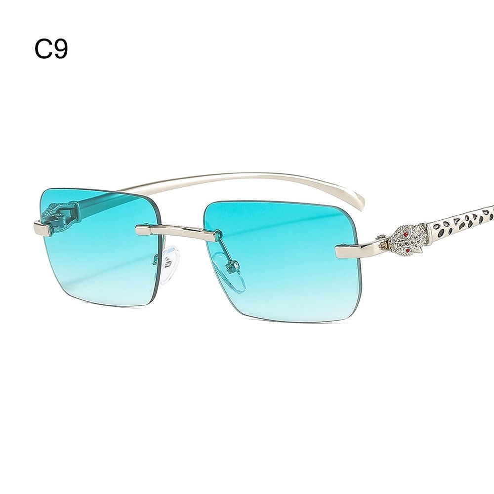 Rimless Leopard Head Decorated Sunglasses Gradient UV Protection Rectangular Sun Glasses Transparent Lens Shades for Women
