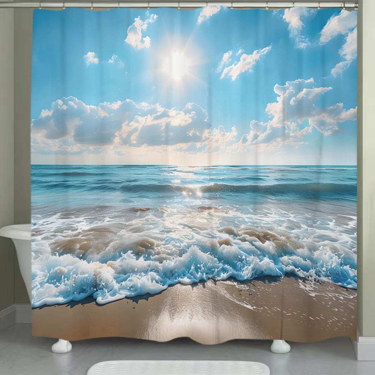 

Sunny Beach Waves Shower Curtain Polyester Washable With 12 Hooks For Bathroom Decor W60H190(CM)-1 Pcs