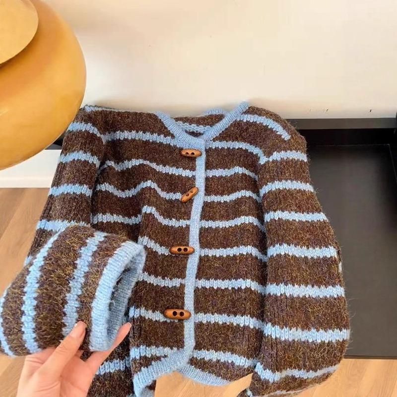 Corner buckle striped temperament outerwear sweater jacket knitted cardigan women's loose lazy style high-end top soft waxy