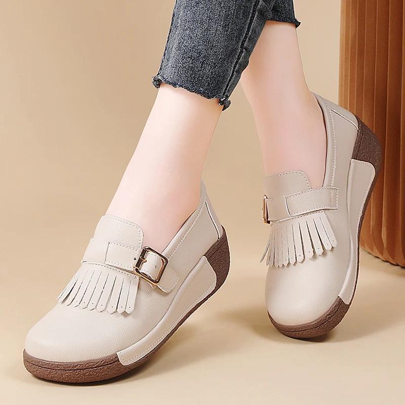 Women Thick Sole Heightening Platform Mother Ladies Soft Non-Slip Walking Shoes High Quality Genuine Leather Wedges Causal Shoes