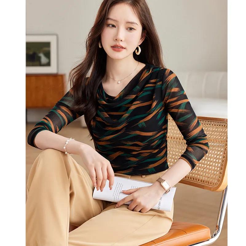 Maglia Sottile da Donna a Maniche Lunghe con Collo Sospeso, Stile Primavera e Autunno, per Snellire e Snellire Top