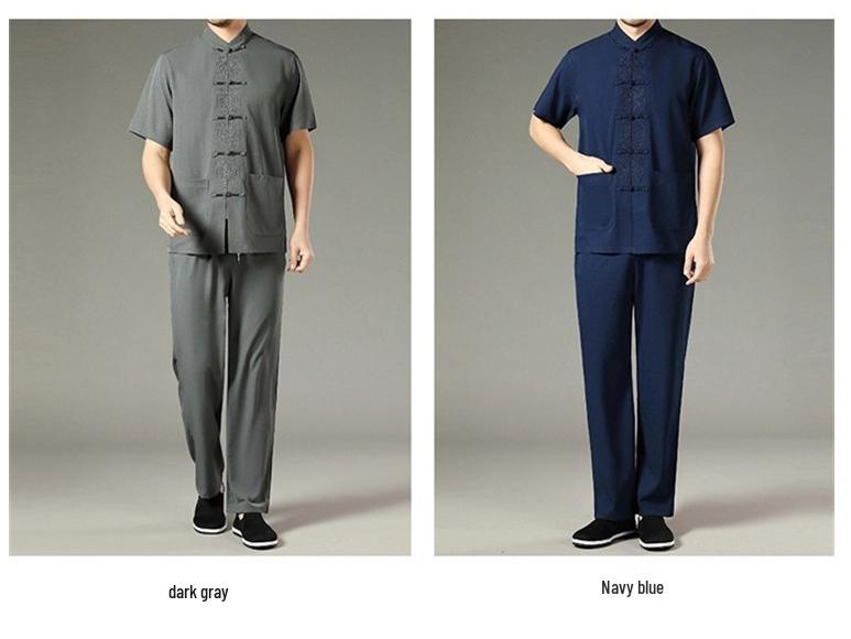 Men's 2022 Summer Short Sleeve Tang Suit: Cotton Linen Two-Piece Set for Middle-Aged and Elderly Casual Wear