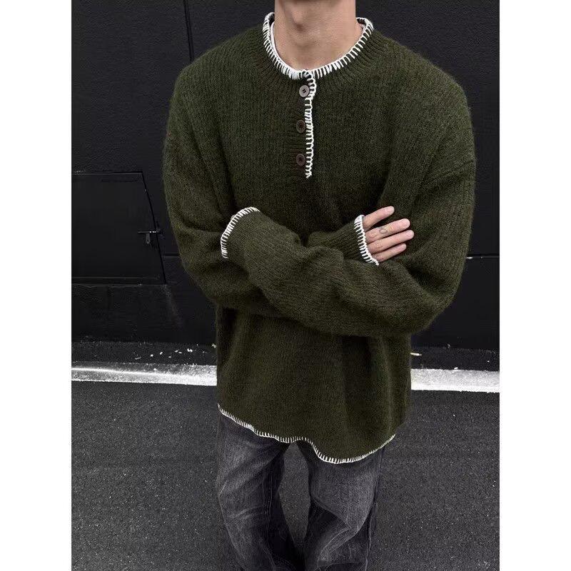

Men s Retro Henley Knit Sweater - Loose, Versatile, Casual Pullover for Autumn/Winter. M зелений