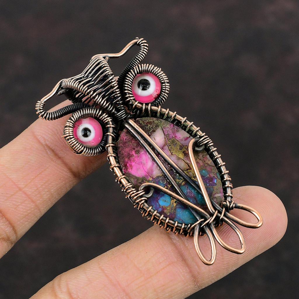 Kingman Pinke Dahlie Türkis Anhänger Kupferdraht gewickelter Anhänger Edelstein Eulenanhänger Handgefertigter Kupferschmuck Rosa Farbe Böser Blick Anhänger