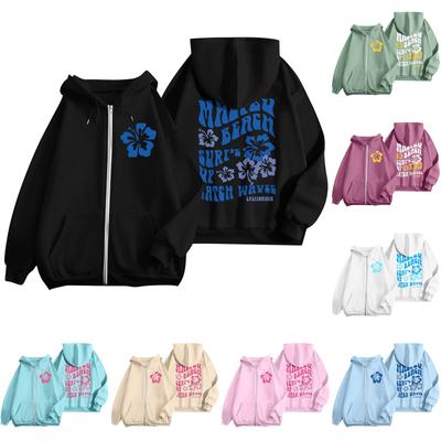Women's Zip Up Hoodies Teen Girls  Flowers Printed Sweatshirt Clothing Casual Drawstring Jacket With Pockets