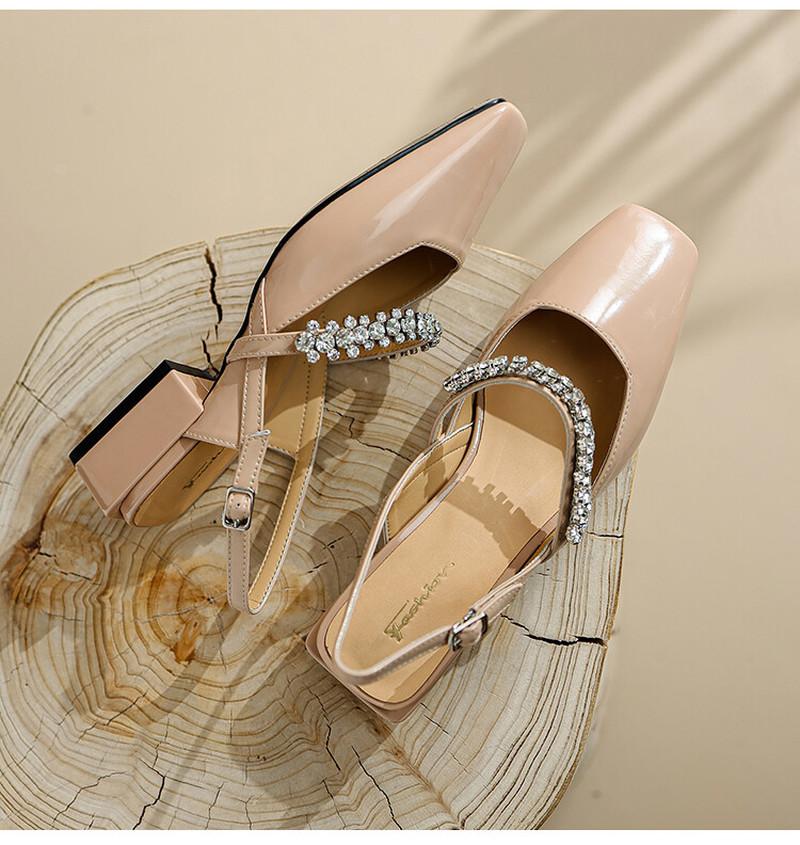 Summer Ladies Sandals Natural Leather Sheep Patent Leather Upper Women Sandals Buckle Square Toe Heel Shoes