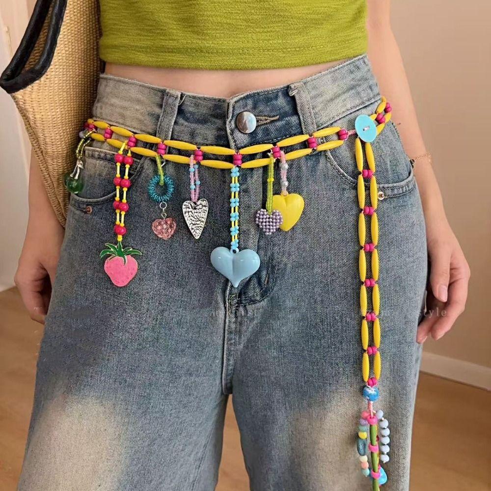 Y2K Dopamine Colored Beaded Waist Chain Hollow Out Bohemian Body Chain Jeans Decoration