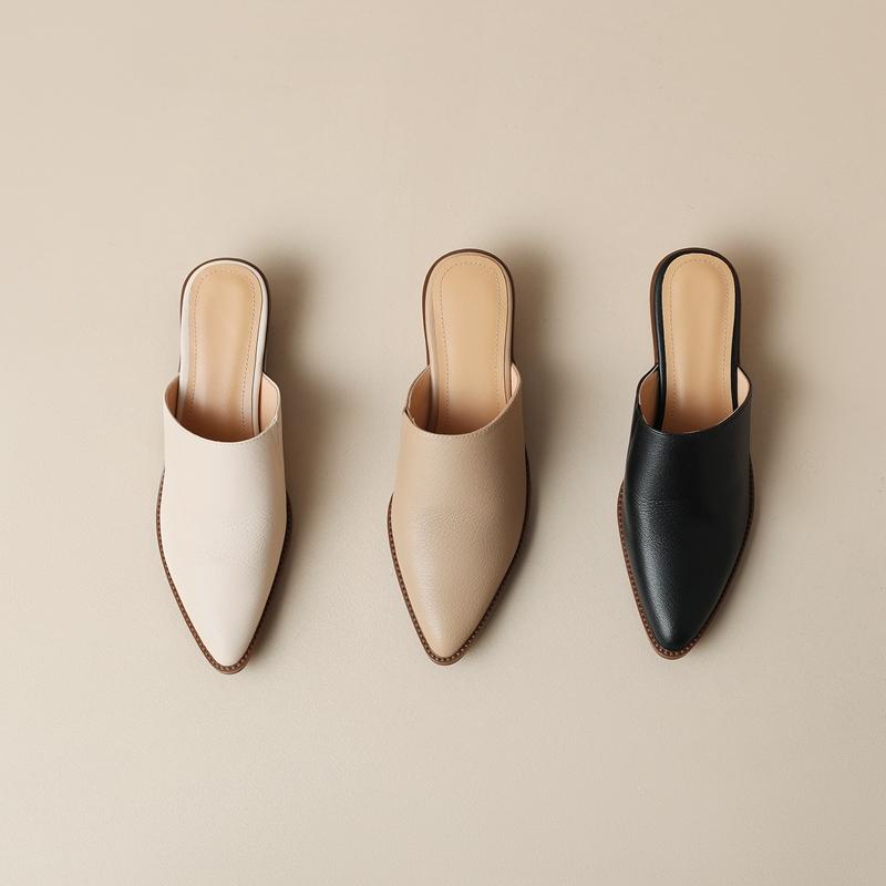 Fashion Women's New Spring/Summer Pointed Leather Sheepskin Headband Comfortable Mid Heel Large Muller Slippers