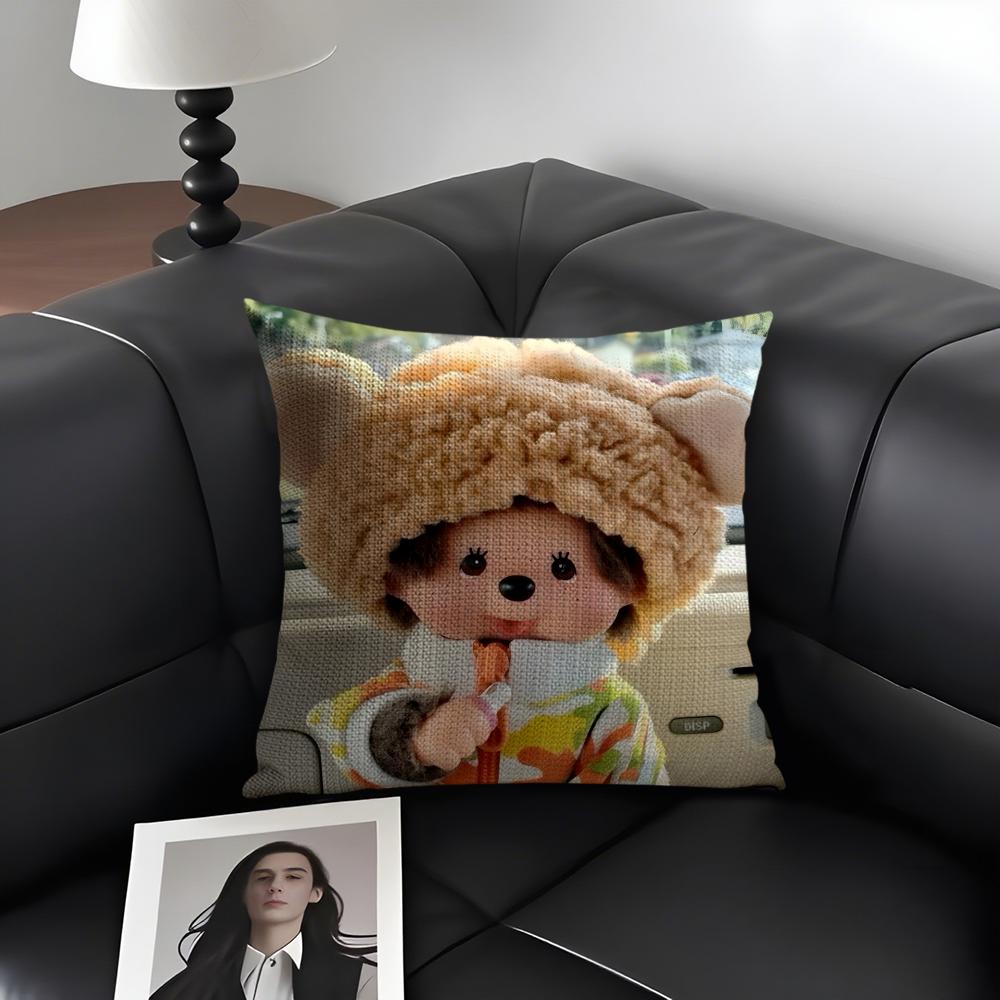 

MMonchichis DollL Cute Cushion Cover Natural Linen Organic Fabric DoubleSided Printing Sofa Home Decor Gift Pillow Case 30x30cm
