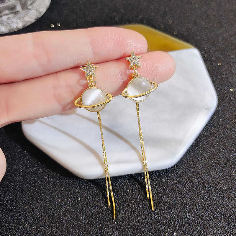 Personality Tide 111 Silver Needle Space Planet Earrings, Temperament Cat's Eye Round Ball Long Fringed Earrings Earrings